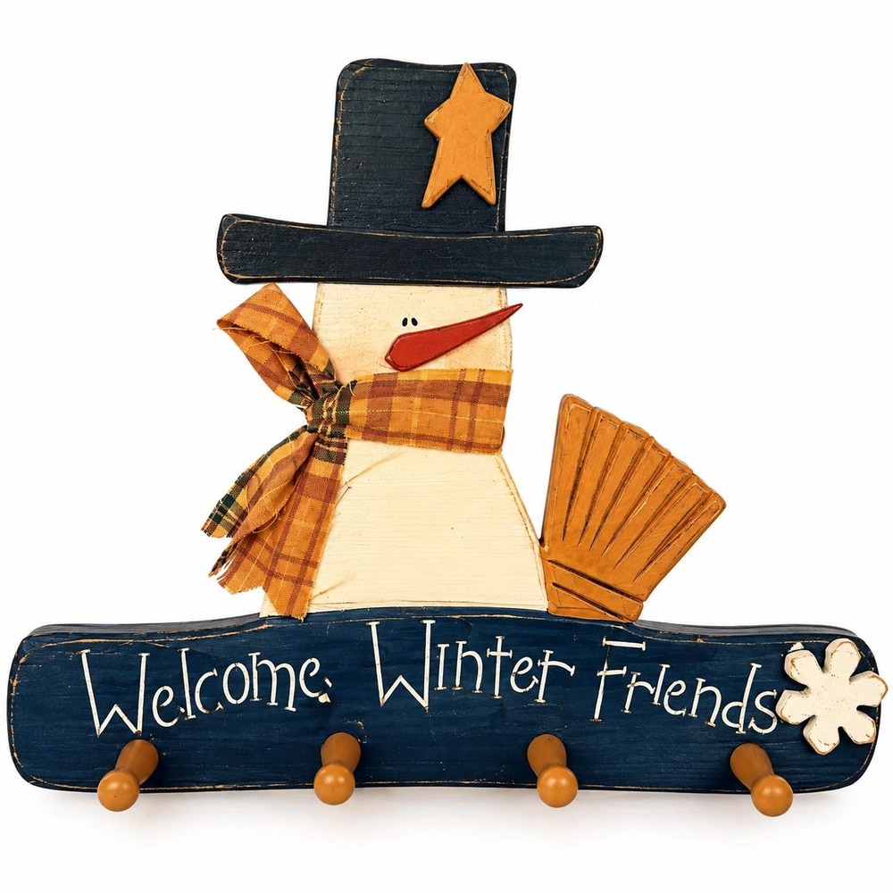 Vintage Wooden Snowman Wall Rack Welcome Winter Friends Peg Hanger Winter Decor